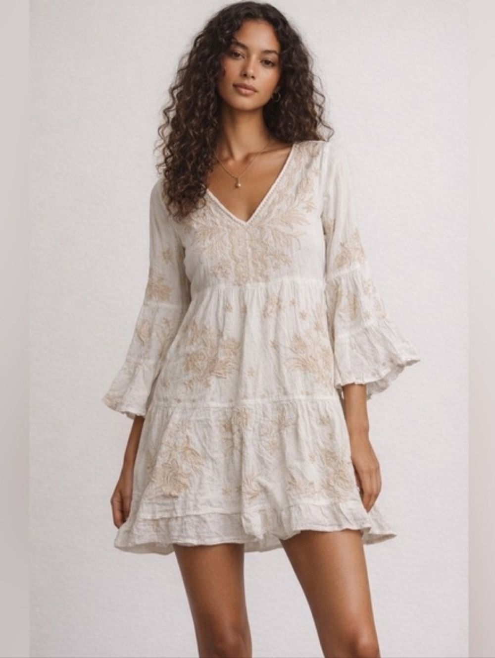 Johnny Was Workshop Sheer Ivory Tiered Peacock Dress